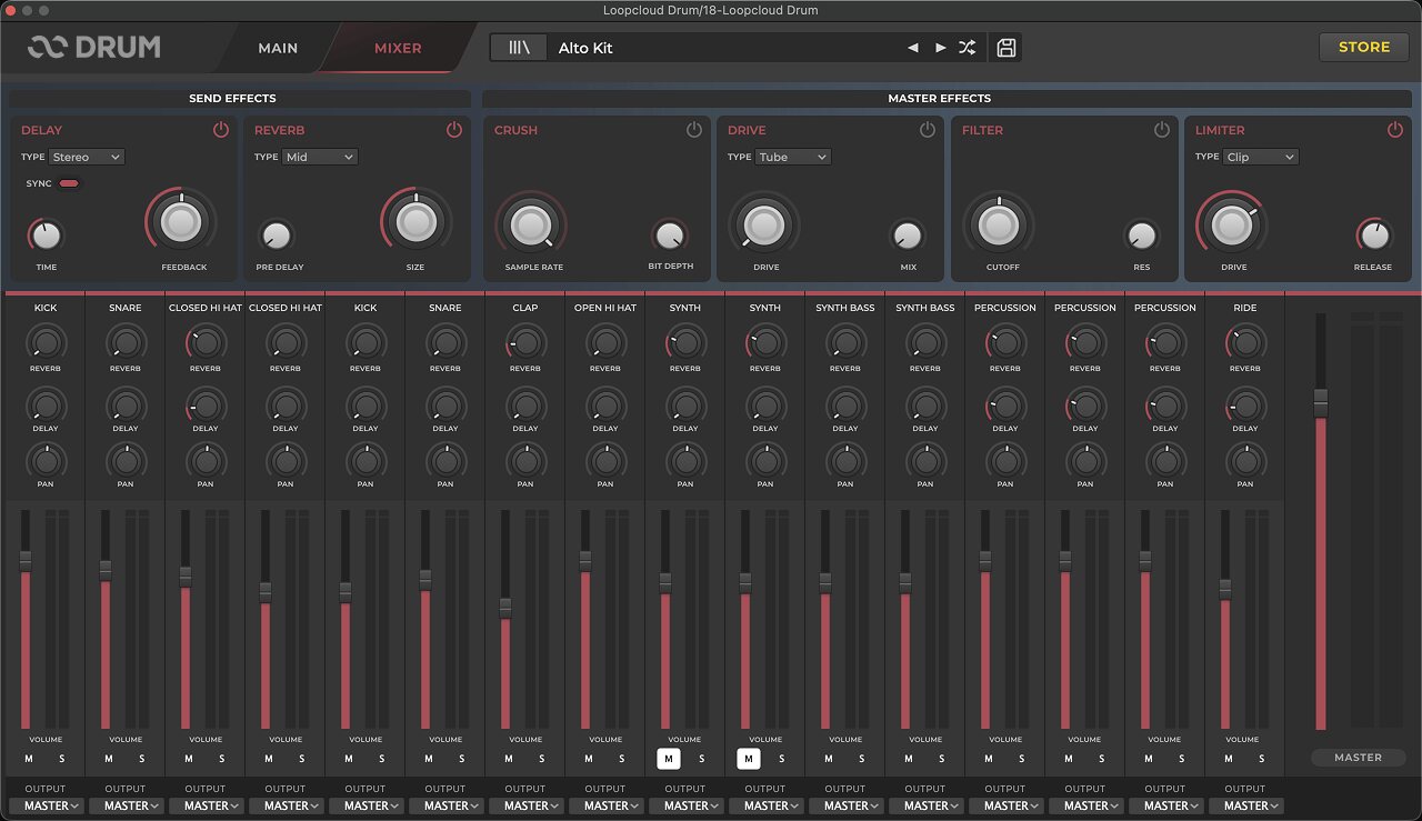 Loopcloud DRUM mixer view with send effects